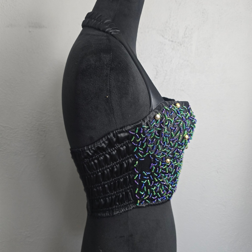 Victoria's Secret VTG Gold Label Black Corset Blue Green Beaded Bra Bustier Med - Picture 5 of 16